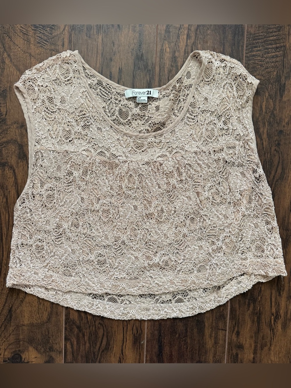 Vintage Forever 21 Sheer Floral Lace Cropped Sleeveless Top Tan Size Small